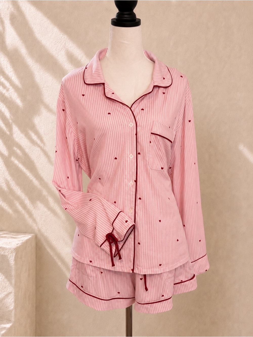 Auden Pink Striped Heart Long Sleeve Pajama Shorts Set XL